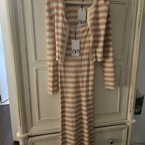 ZARA Striped Beige and White Dress with Cardigan NWT